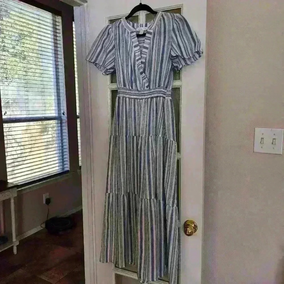 Monteau Short Sleeve V Neck Striped Relaxed Flowy Farmhouse Maxi Dress Medium - Picture 2 of 10